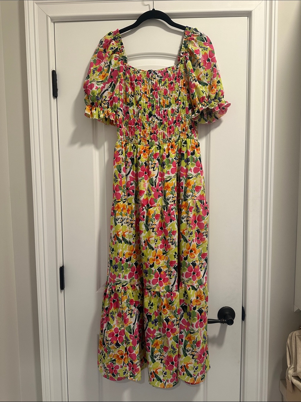 Bright Floral Puff-Sleeve Midi Dress